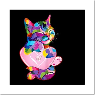 Rainbow Valentine Cute Cat Hugging Heart Kitty Love Cat Posters and Art